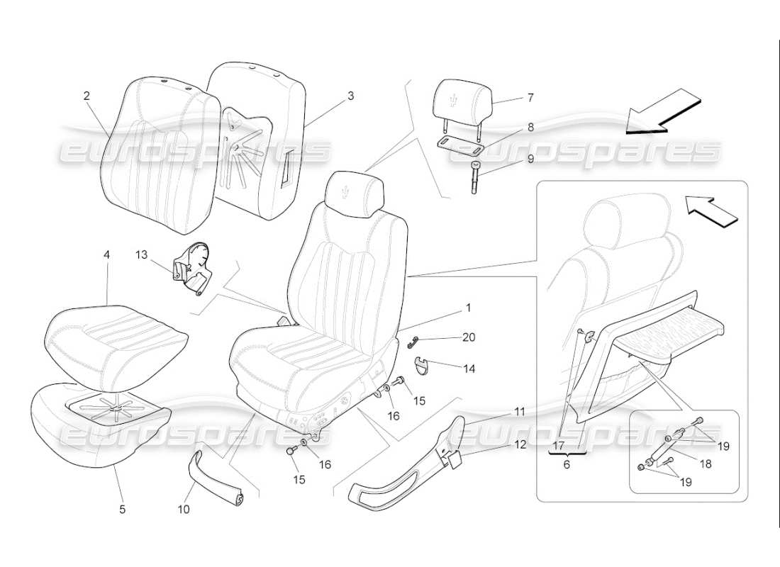 maserati qtp. (2007) 4.2 f1 vordersitze: verkleidungen ersatzteildiagramm