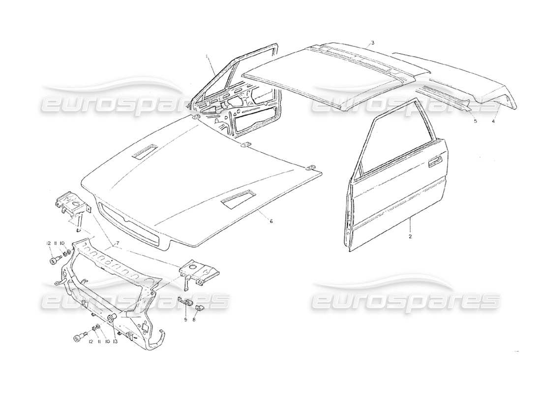 maserati shamal karosserie – f. seite, dach p. türen, hauben teilediagramm
