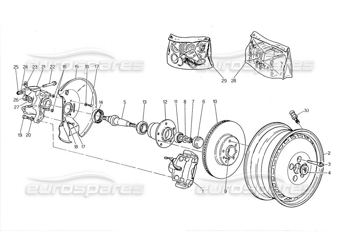 maserati 228 teilediagramm für räder, naben und vorderradbremsen