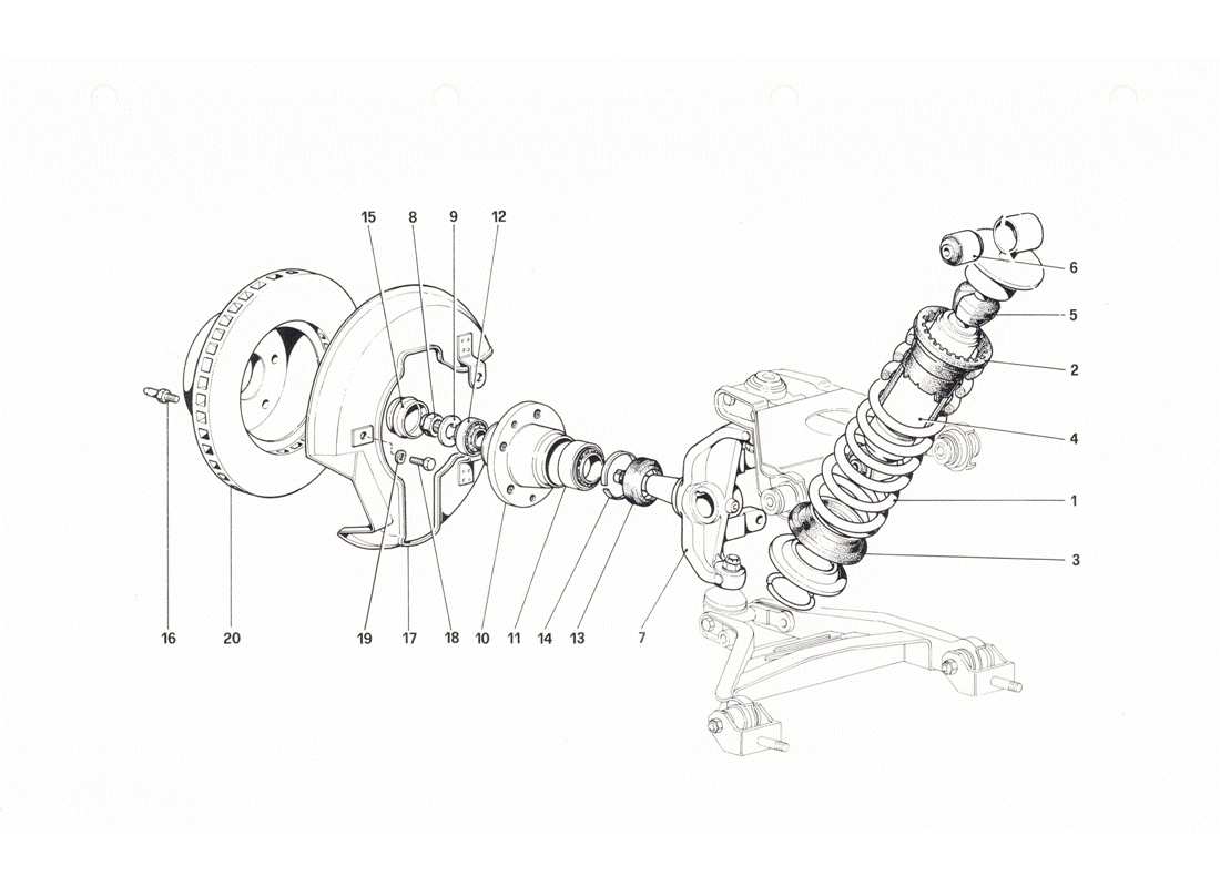 ferrari 208 gtb gts vorderradaufhängung – stoßdämpfer und bremsscheibe teilediagramm