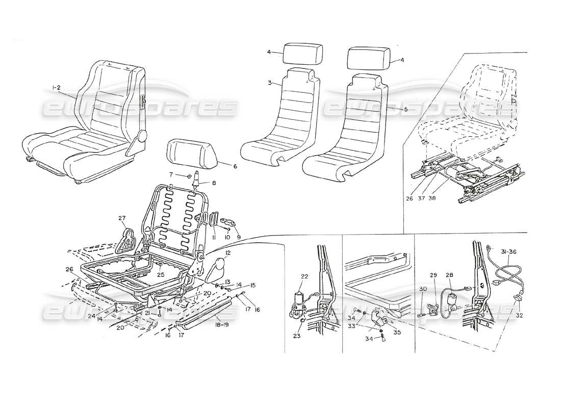 maserati shamal vorder- und rücksitze teilediagramm