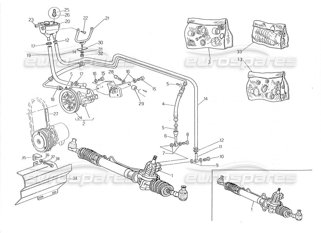 maserati 228 teilediagramm des servolenkungssystems (linkslenkung).