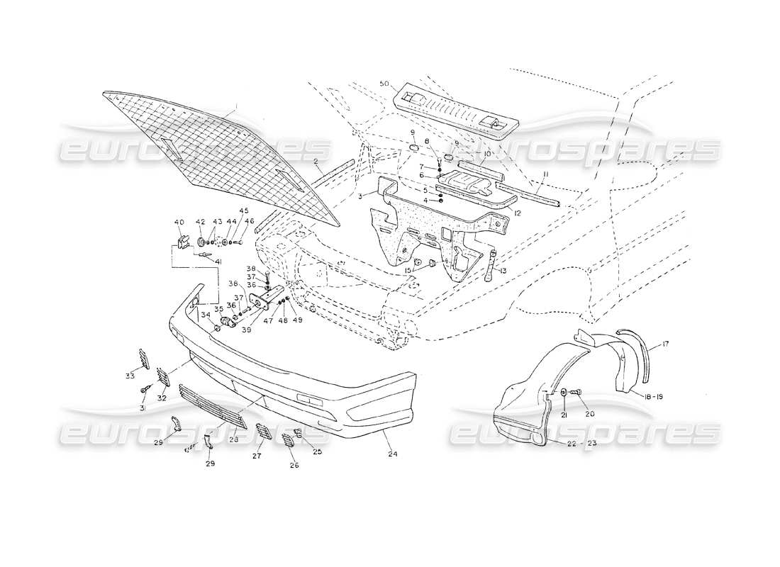 maserati shamal innenverkleidung der vorderen stoßstange und der motorhaube teilediagramm