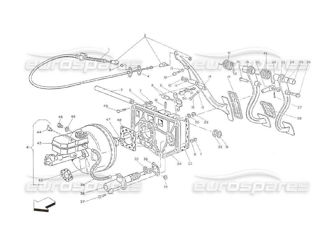 maserati shamal pedalbrett, servobremse, kupplungspumpe teilediagramm