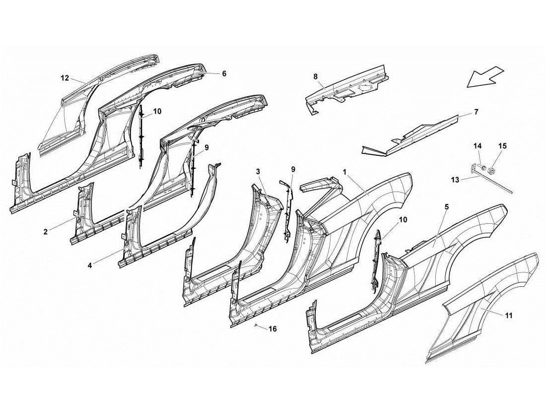 lamborghini gallardo lp570-4s perform teilediagramm für seitliche rahmenbefestigungen