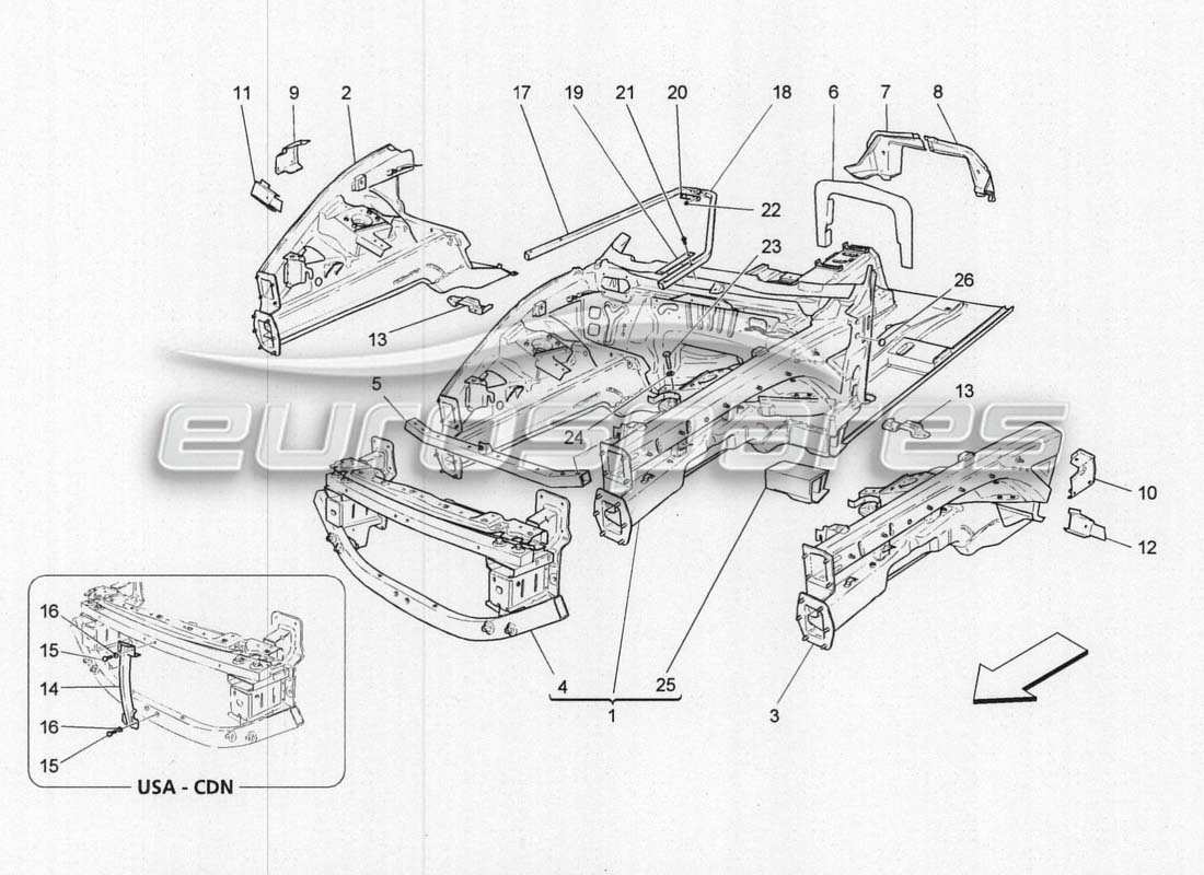 maserati grancabrio mc centenario teilediagramm für frontstrukturen und rahmen