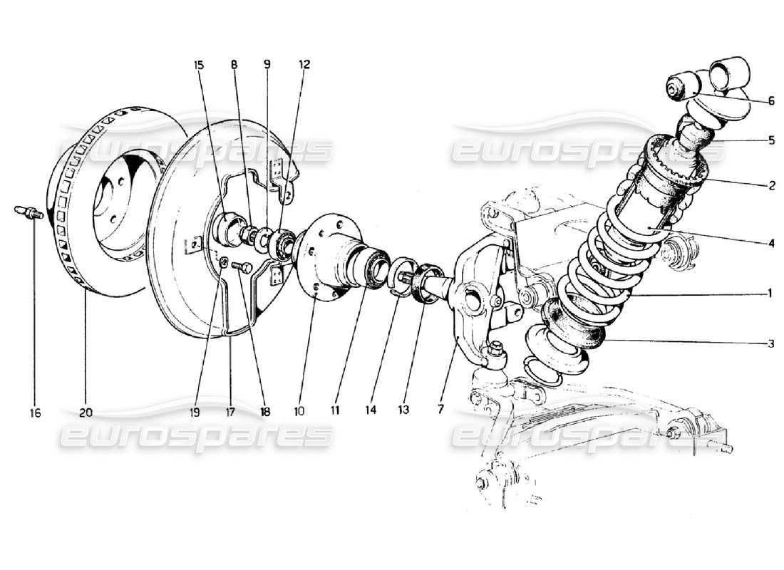 ferrari 308 gtb (1976) vorderradaufhängung - teilediagramm stoßdämpfer und bremsscheibe