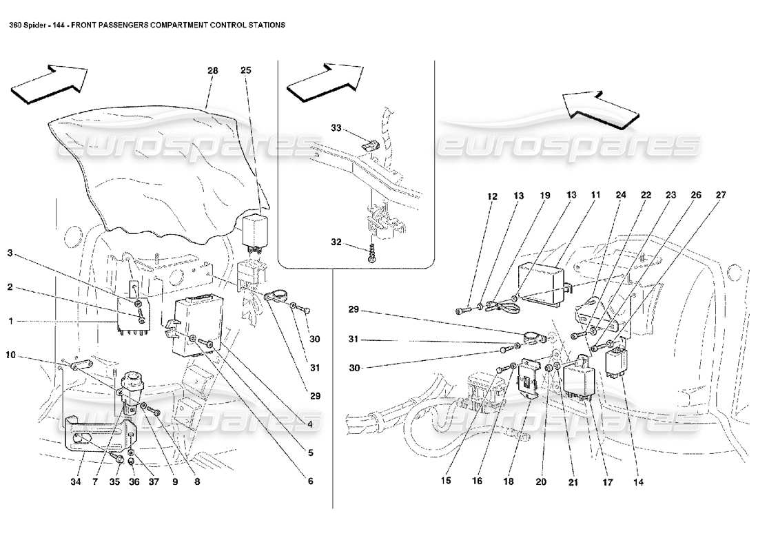 ferrari 360 spider teilediagramm der bedienstationen im vorderen fahrgastraum