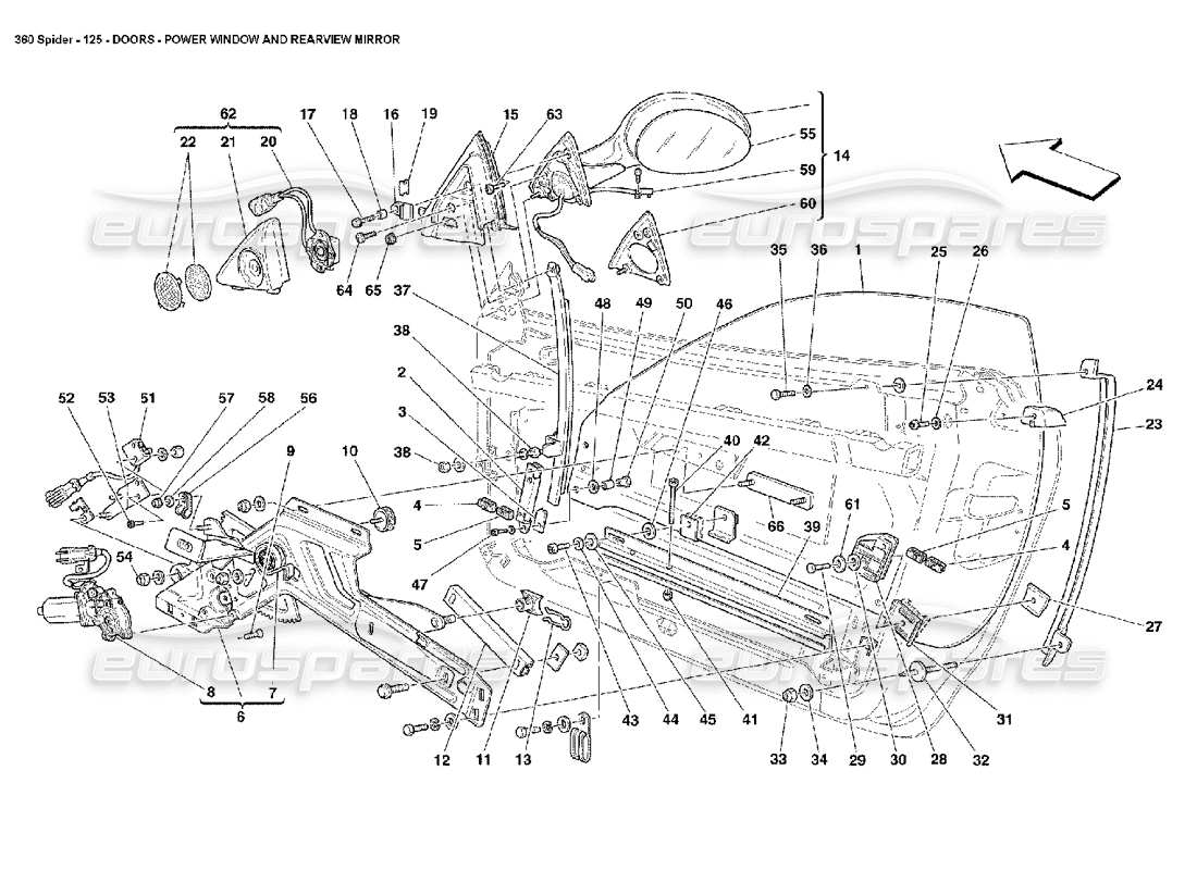 ferrari 360 spider türen - teilediagramm für elektrische fensterheber und rückspiegel