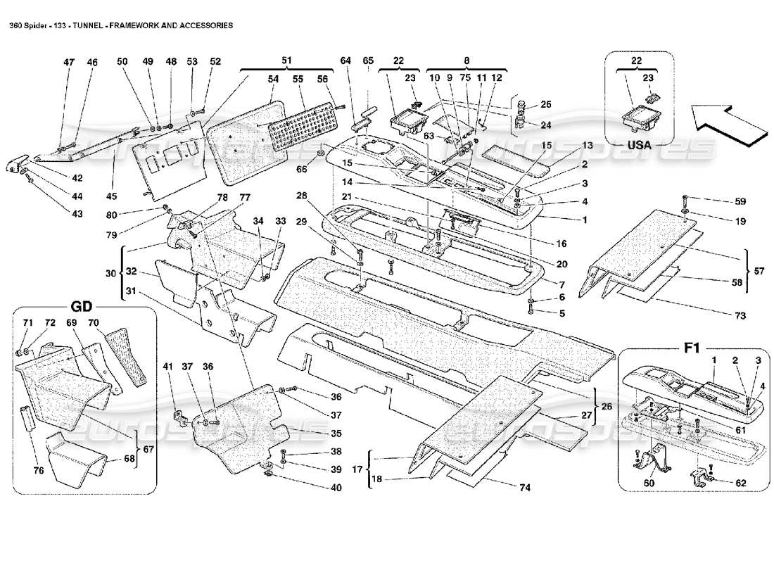 ferrari 360 spider tunnel - rahmen und zubehörteile diagramm