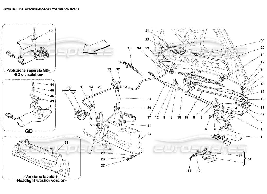 ferrari 360 spider windschutzscheibe, scheibe und hupen teilediagramm