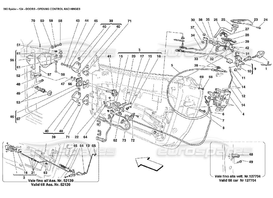 ferrari 360 spider türen - teilediagramm für öffnungssteuerung und scharniere