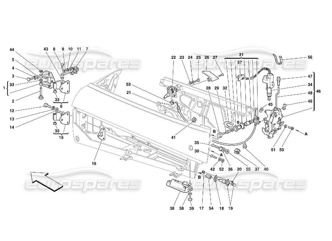 ferrari 355 (5.2 motronic) türen - teilediagramm für öffnungssteuerung und scharniere