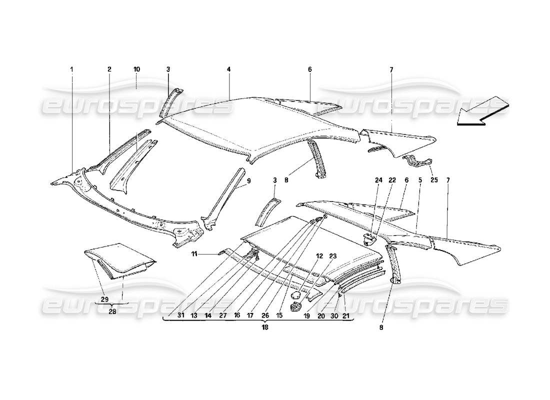 ferrari 348 (2.7 motronic) dach - teilediagramm für außenverkleidungen