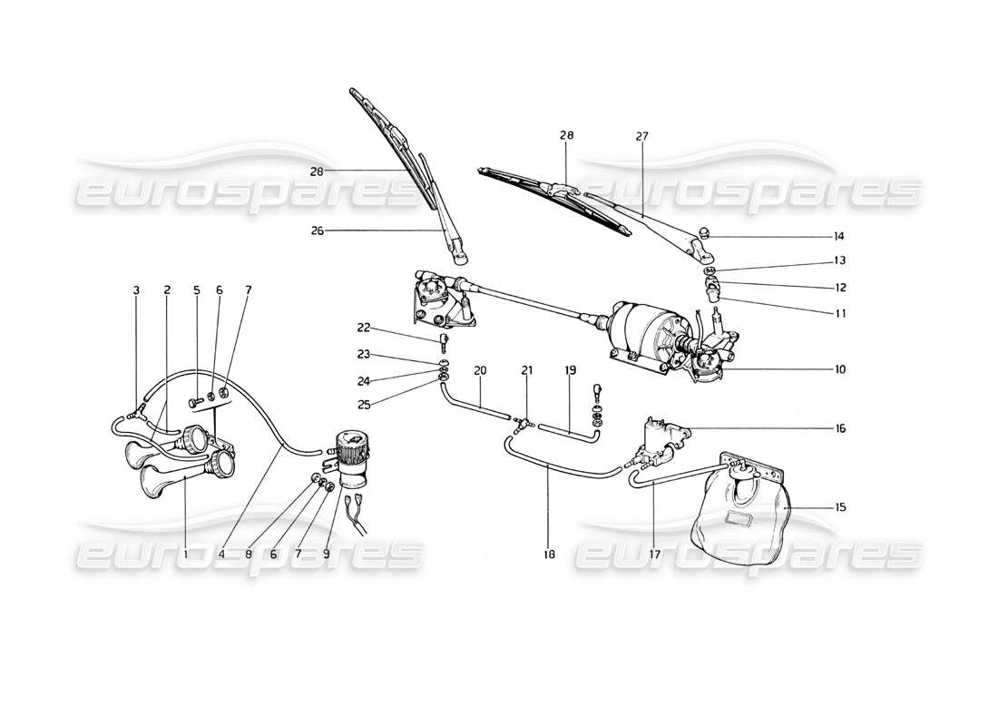 ferrari 246 dino (1975) teilediagramm für scheibenwischer, scheibe und hupe