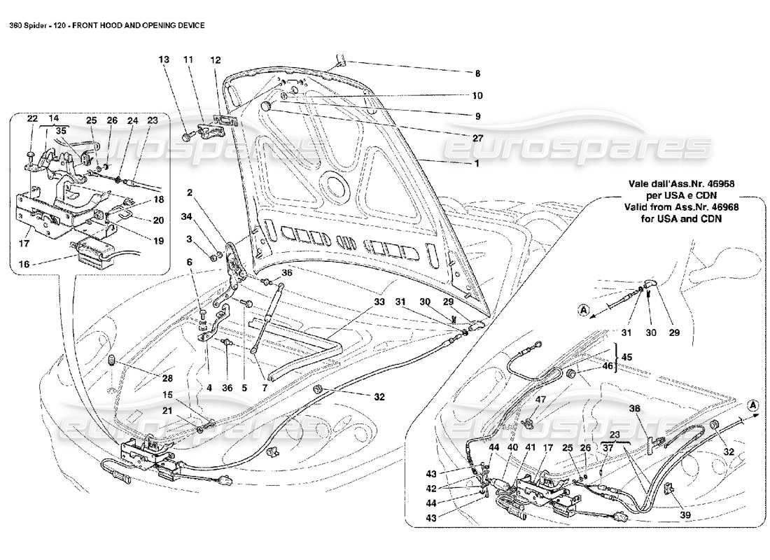 ferrari 360 spider teilediagramm der fronthaube und der öffnungsvorrichtung