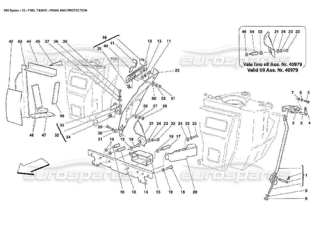 ferrari 360 spider kraftstofftanks - teilediagramm für befestigung und schutz