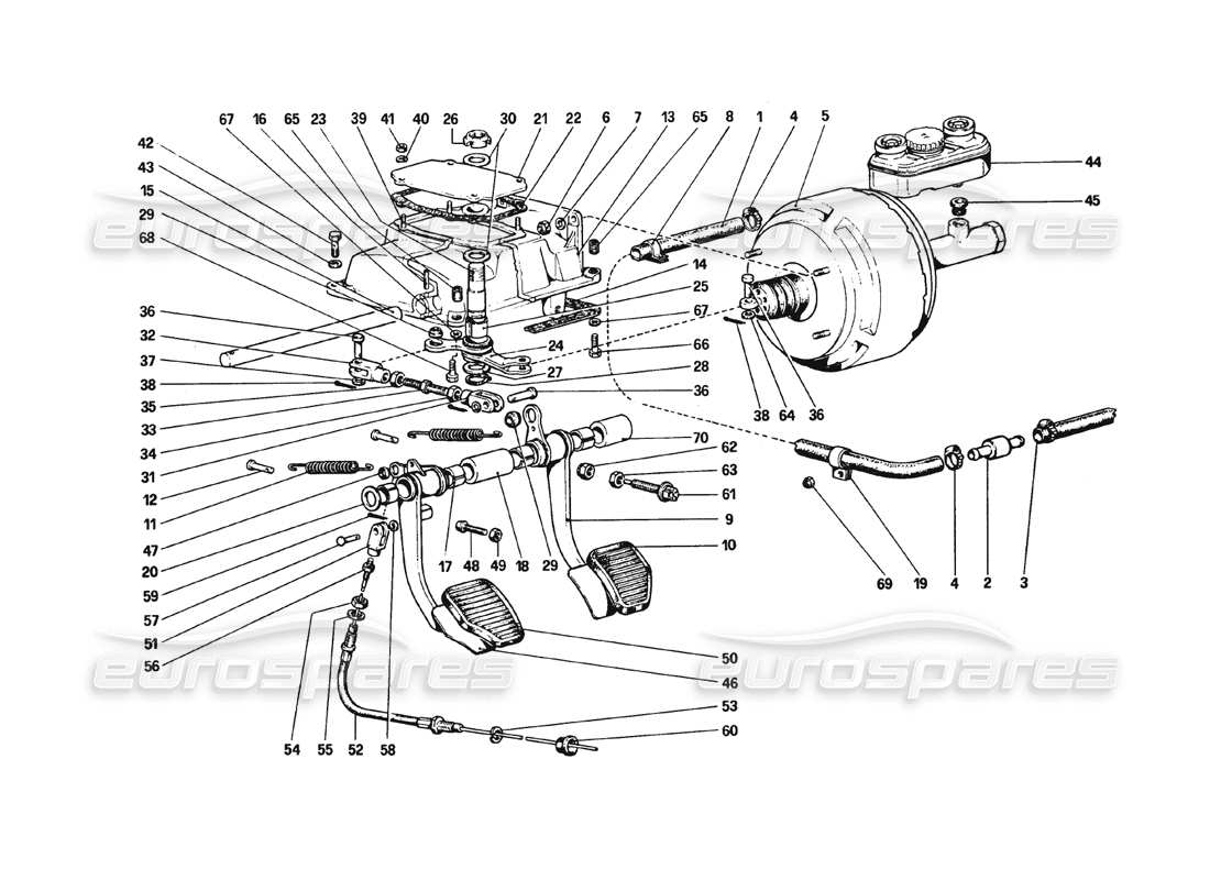 ferrari 308 gtb (1980) pedalboard - teilediagramm für brems- und kupplungssteuerung