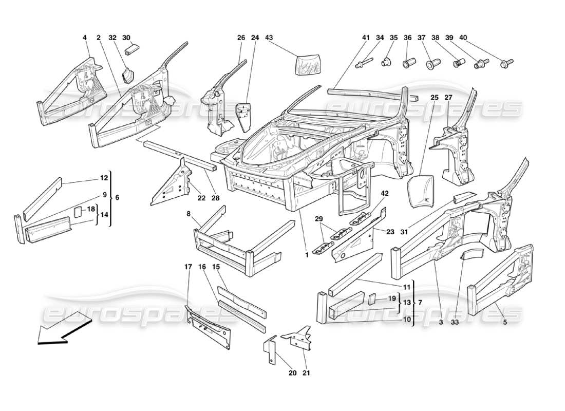 ferrari 360 challenge stradale rahmen - frontelemente strukturen und platten teilediagramm