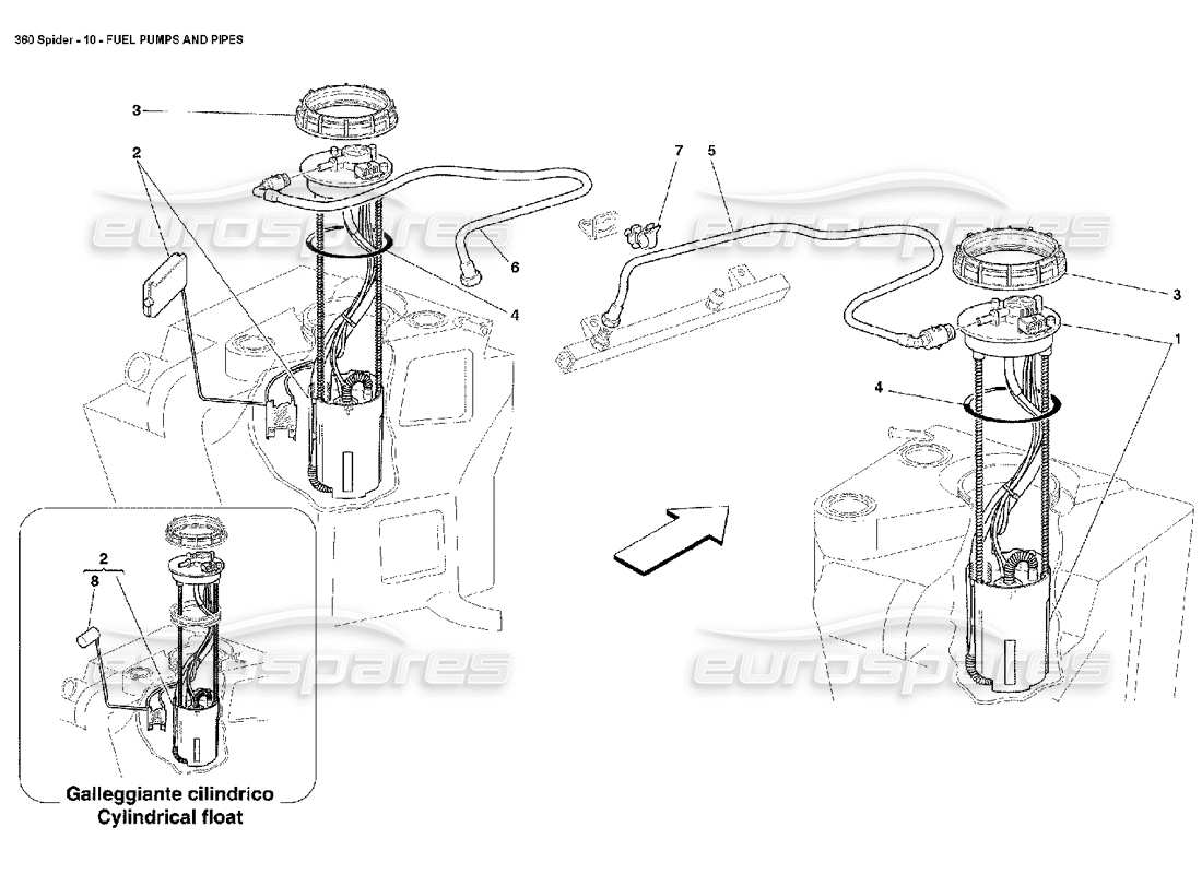 ferrari 360 spider teilediagramm für kraftstoffpumpen und -leitungen