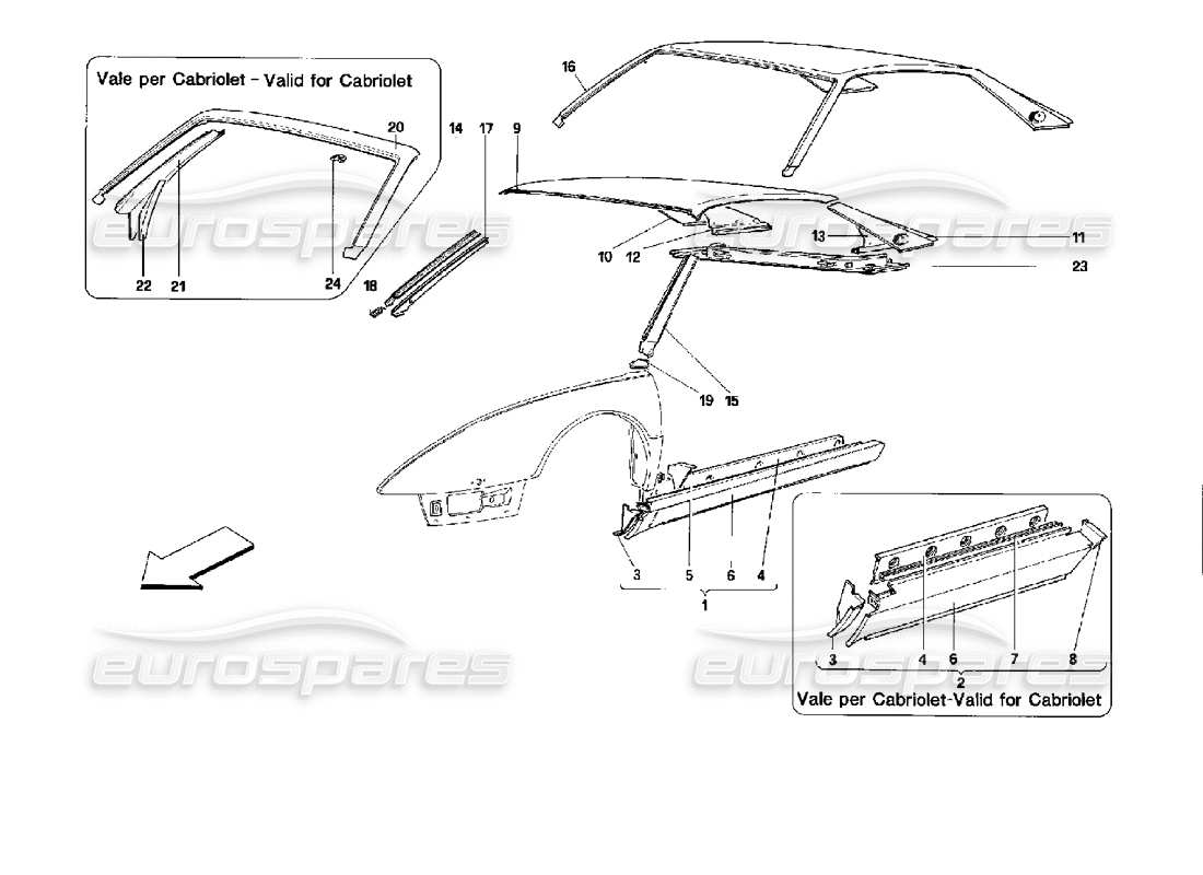 ferrari mondial 3.4 t coupe/cabrio karosserie: außenelemente - mittelteil teilediagramm