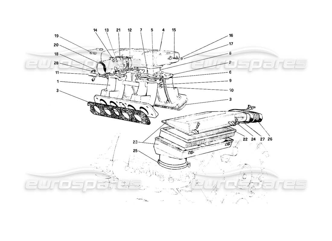 ferrari mondial 8 (1981) teilediagramm für lufteinlass und verteiler
