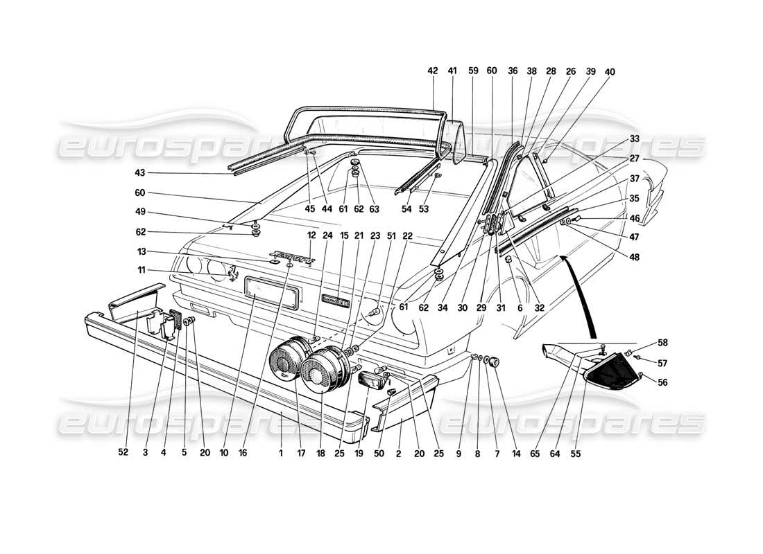ferrari mondial 8 (1981) teilediagramm für stoßstangen, lichter und heckscheibe