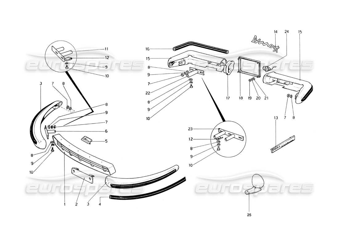 ferrari 246 dino (1975) teilediagramm für stoßstangen und zierleisten