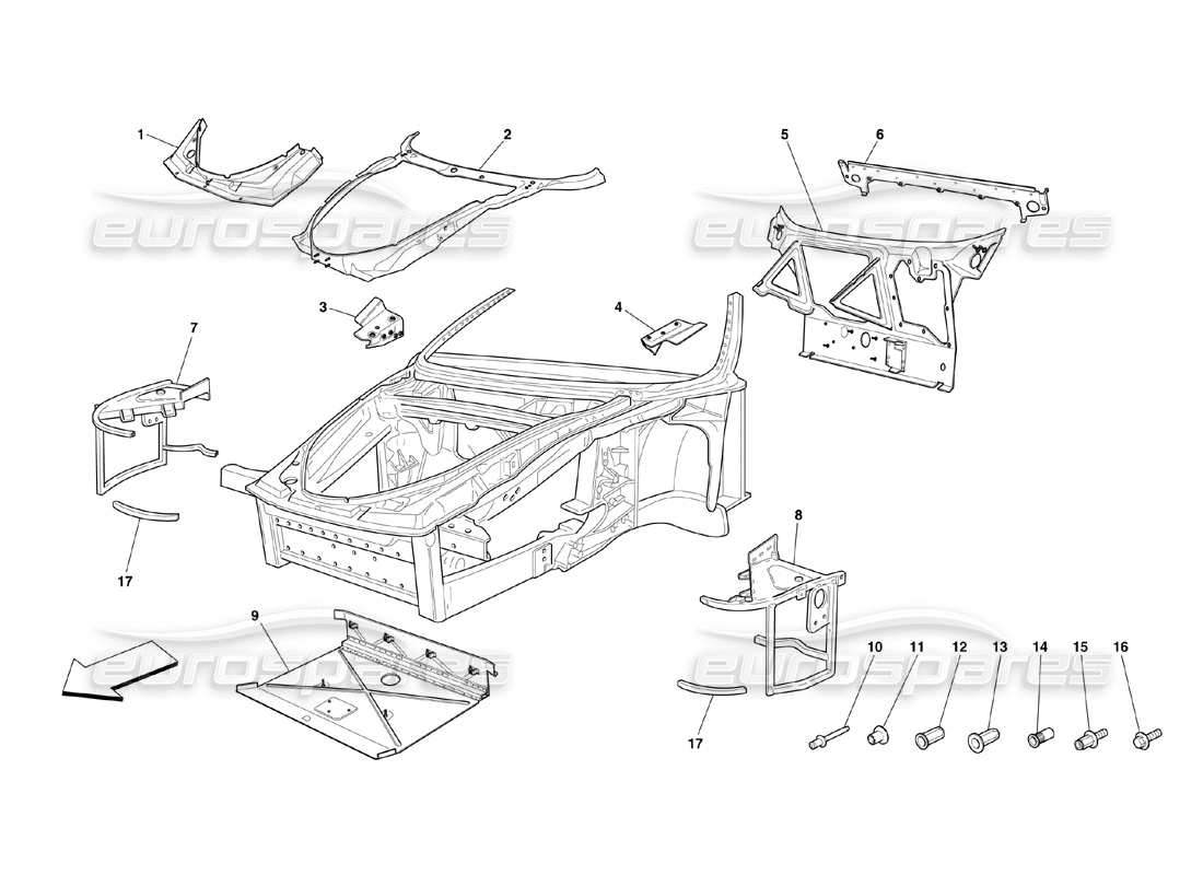 ferrari 360 challenge (2000) rahmen – komplette vorderteilstrukturen und platten teilediagramm