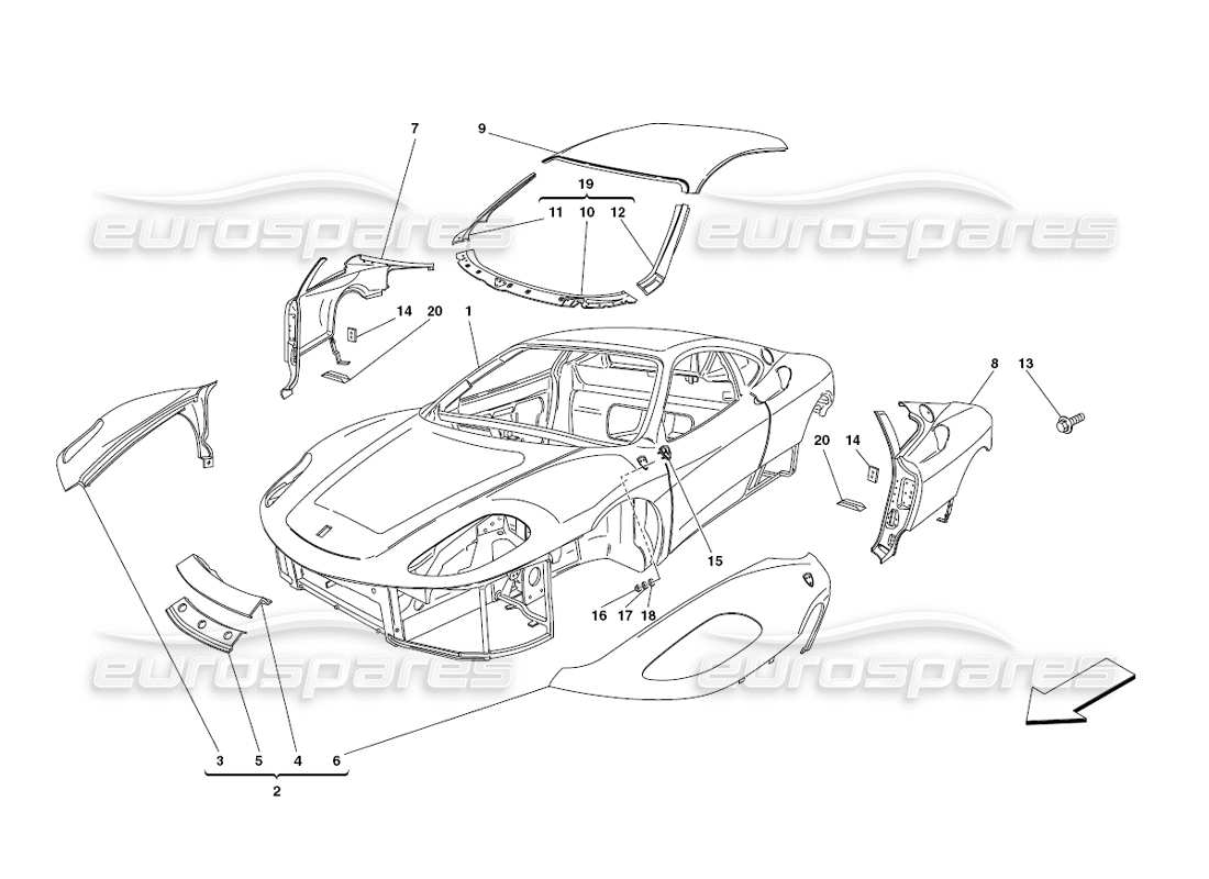 ferrari 430 challenge (2006) karosserie - teilediagramm für außenverkleidungen