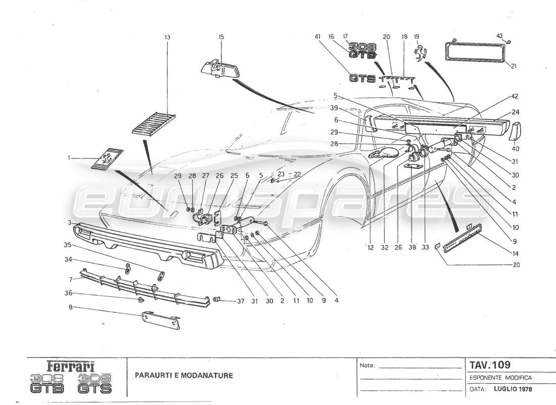 ferrari 308 gtb (1980) usa stoßstangen teilediagramm