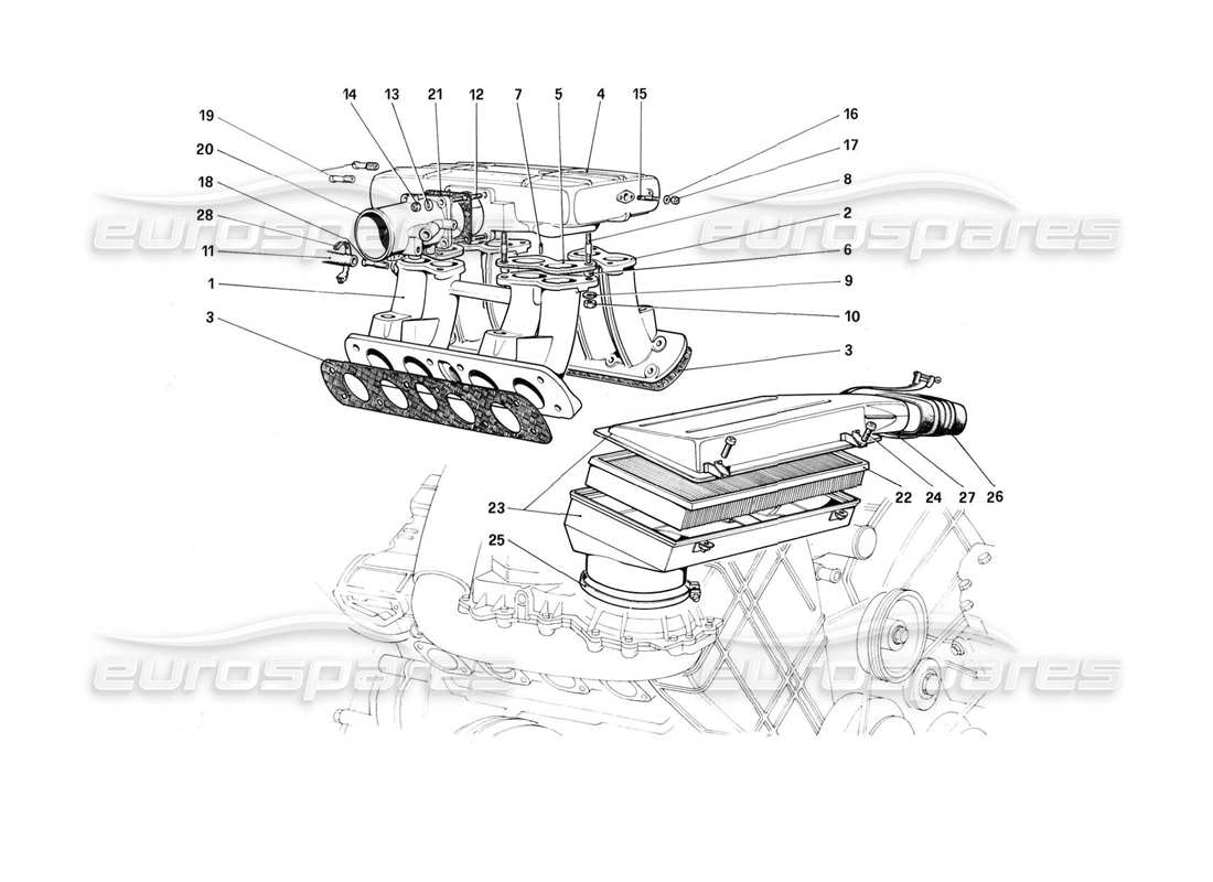 ferrari 308 (1981) gtbi/gtsi teilediagramm für lufteinlass und verteiler