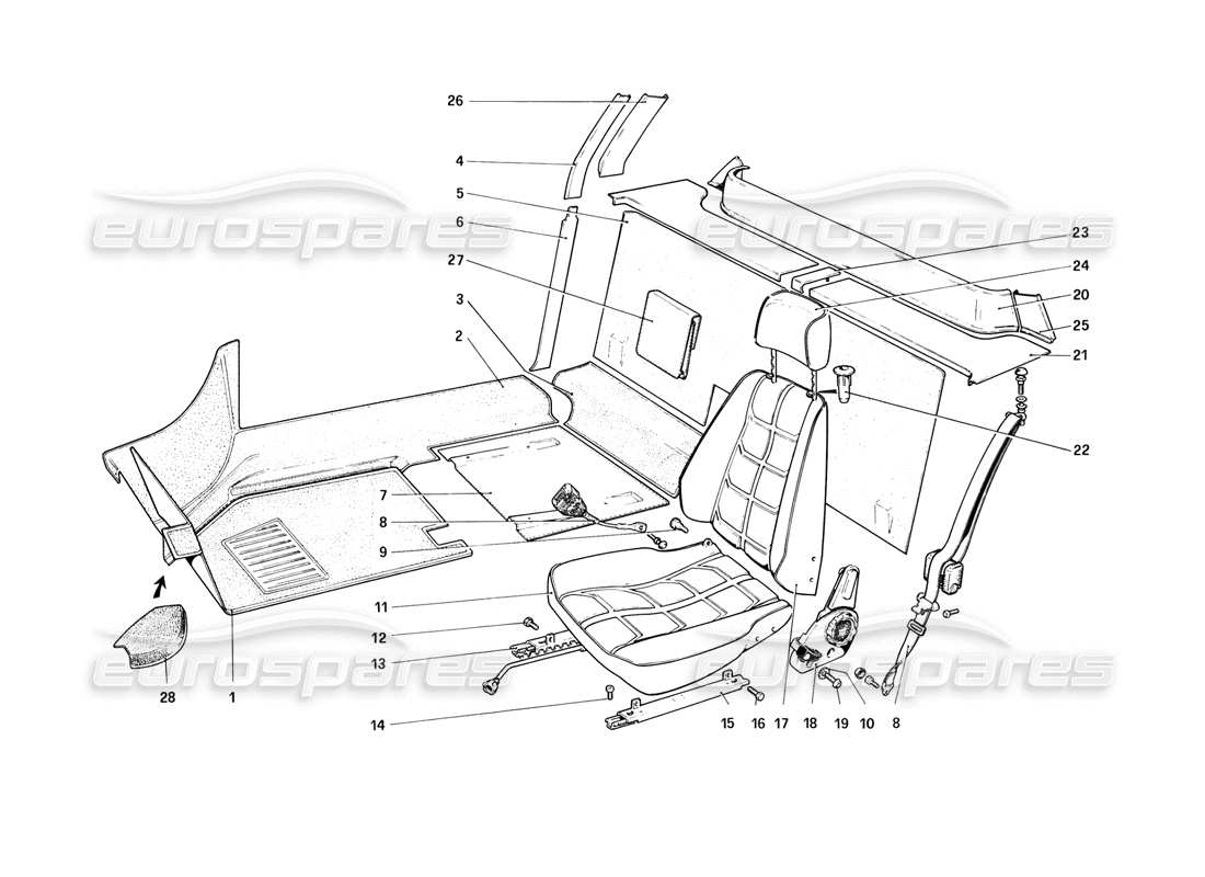 ferrari 308 (1981) gtbi/gtsi innenausstattung, zubehör und sitze teilediagramm