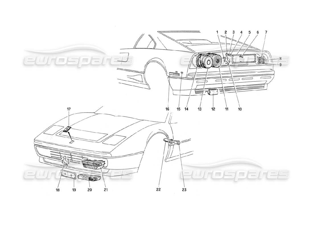 ferrari 208 turbo (1989) teilediagramm für außenbeleuchtung und zierleiste