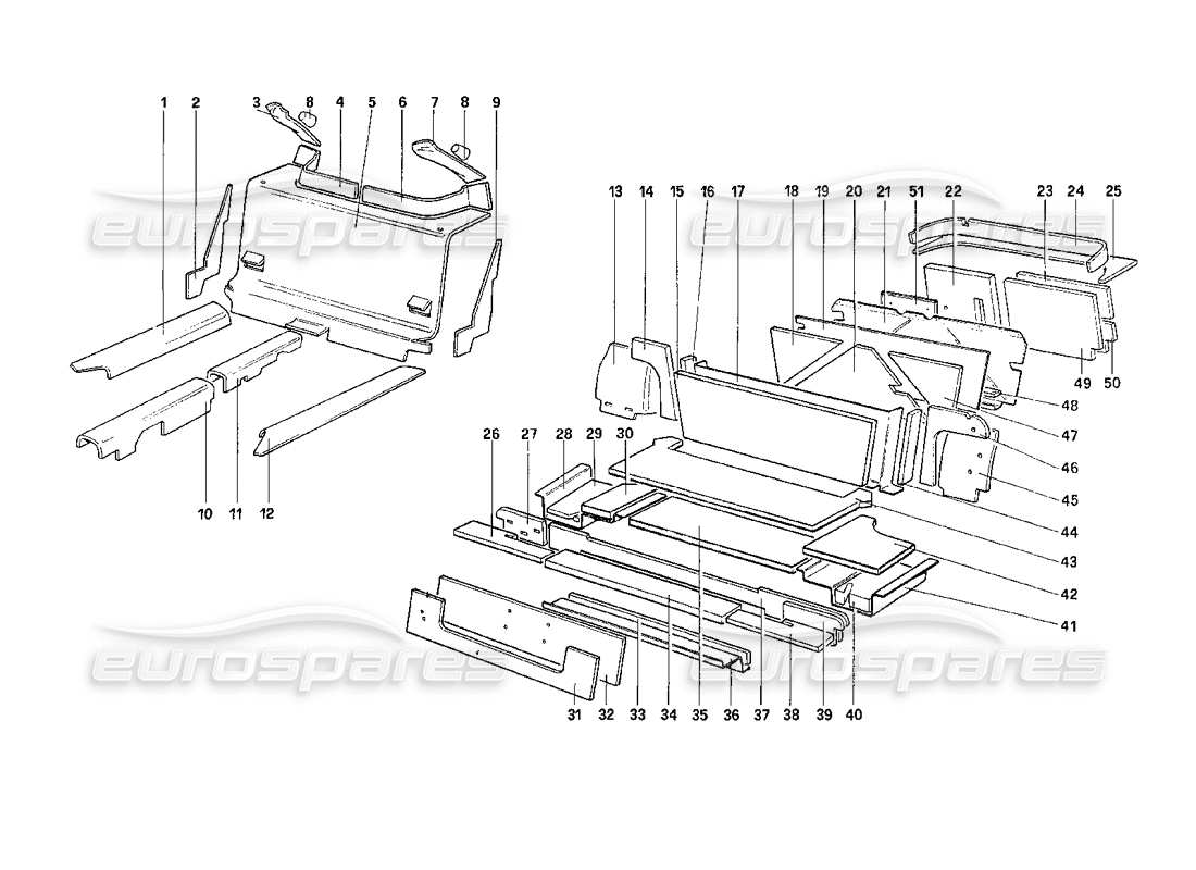 ferrari 208 turbo (1989) gepäck- und fahrgastraum-isolierungsteildiagramm