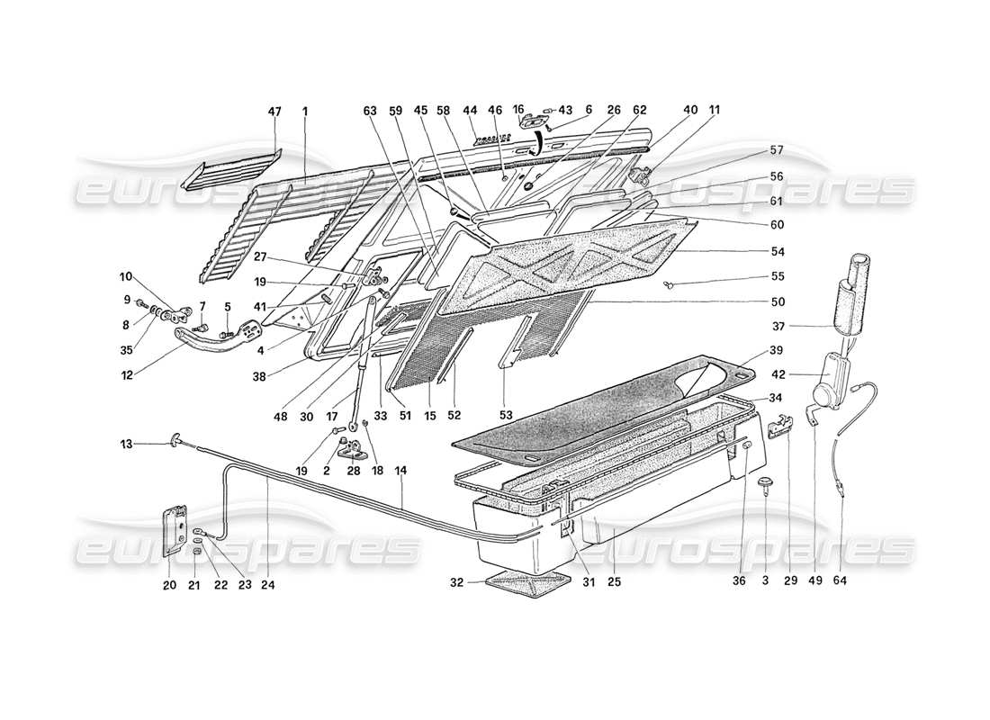 ferrari 208 turbo (1989) teilediagramm für die abdeckung der hinteren motorhaube und des gepäckraums