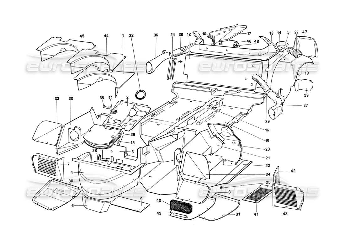 ferrari 208 turbo (1989) karosserie - teilediagramm der inneren elemente