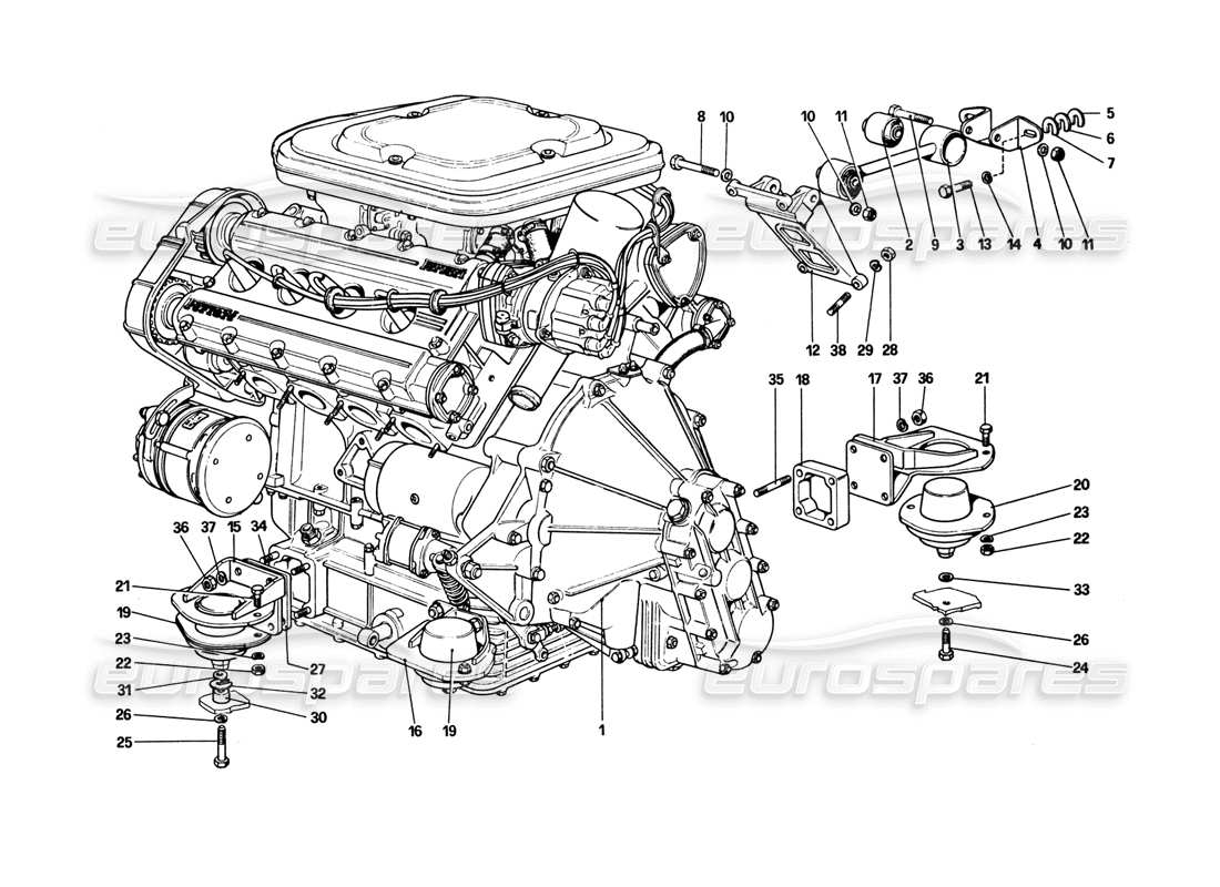 ferrari 308 gtb (1980) motor - getriebe und halterungen teilediagramm