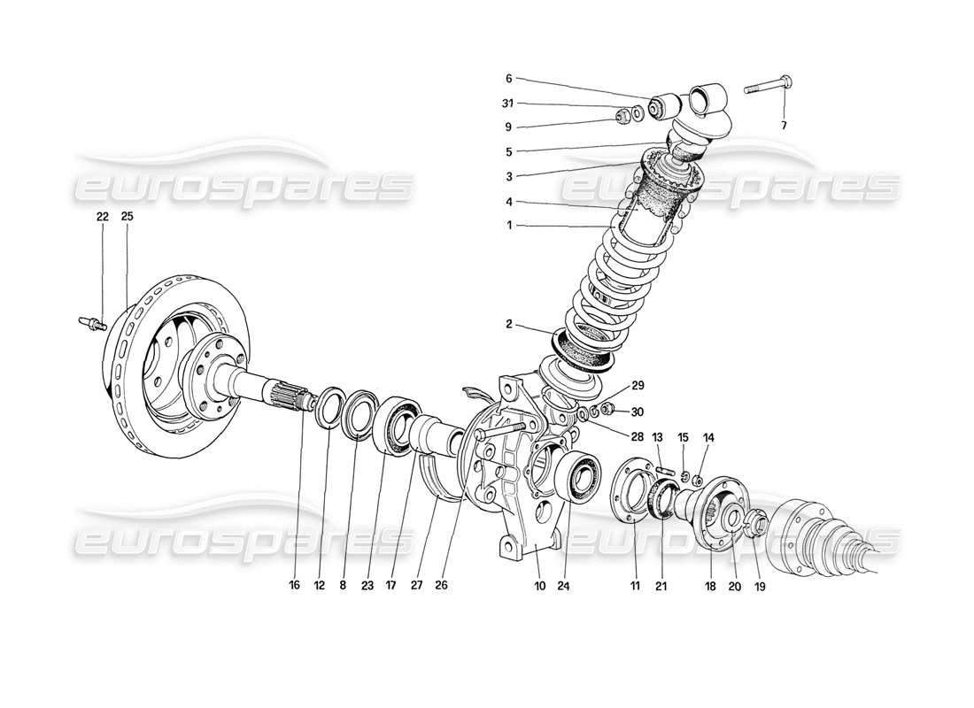 ferrari 208 turbo (1989) hinterradaufhängung - stoßdämpfer und bremsscheibe (bis autonummer 76625) teilediagramm