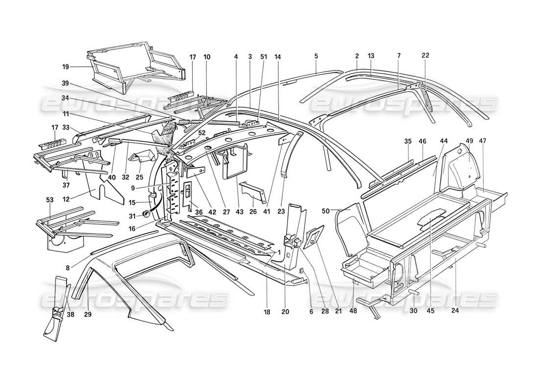 ferrari 208 turbo (1989) karosserie - teilediagramm der inneren elemente