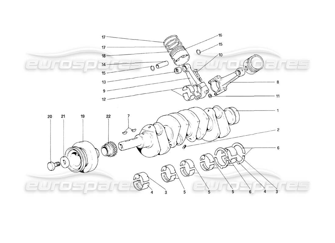 ferrari 208 turbo (1989) kurbelwelle - pleuelstangen und kolben - teilediagramm