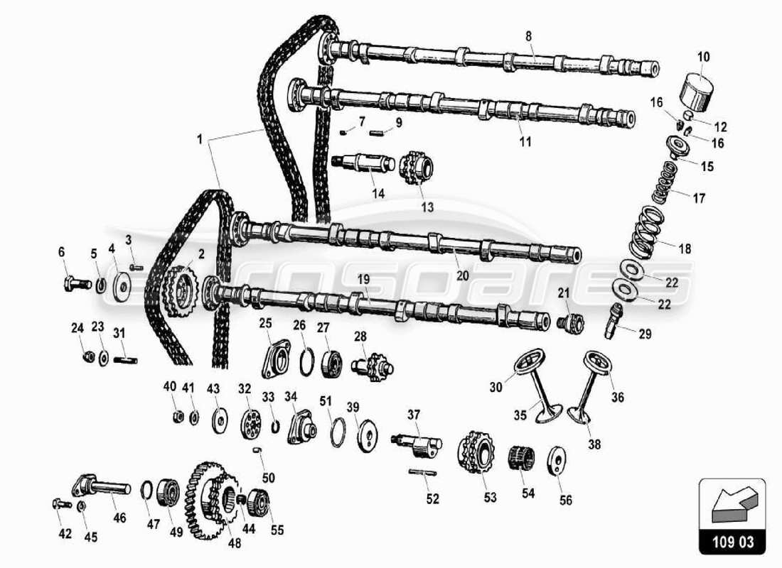 lamborghini miura p400s teilediagramm des zylinderkopf-steuersystems