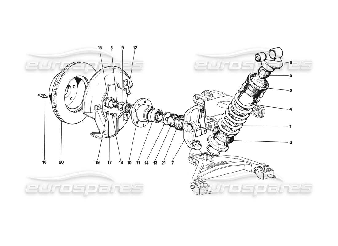 ferrari 308 gtb (1980) vorderradaufhängung - teilediagramm stoßdämpfer und bremsscheibe