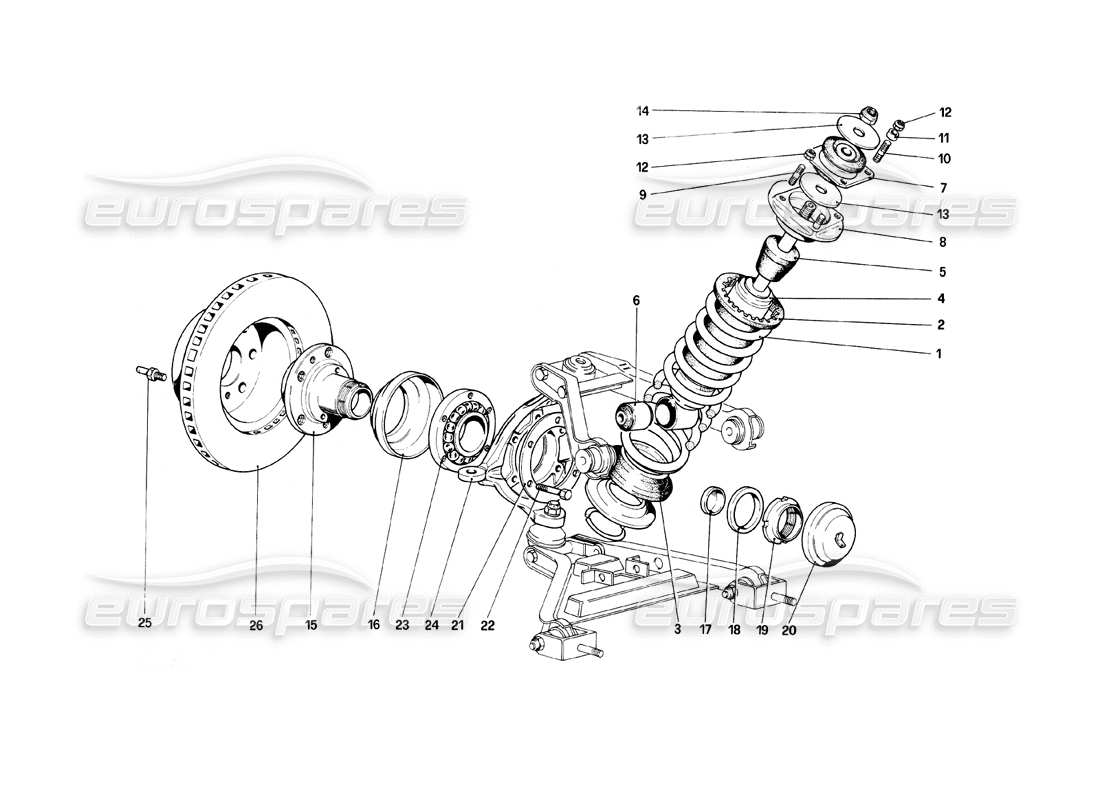 ferrari mondial 8 (1981) vorderradaufhängung - teilediagramm stoßdämpfer und bremsscheibe