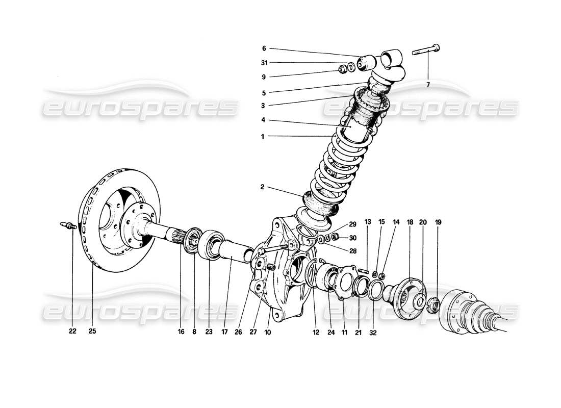 ferrari 308 gtb (1980) hinterradaufhängung - teilediagramm stoßdämpfer und bremsscheibe