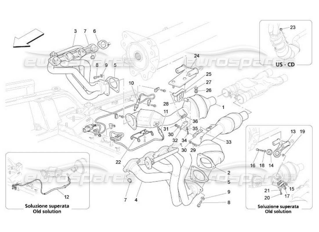 maserati qtp. (2005) 4.2 vorkatalytische konverter und katalytische konverter teilediagramm