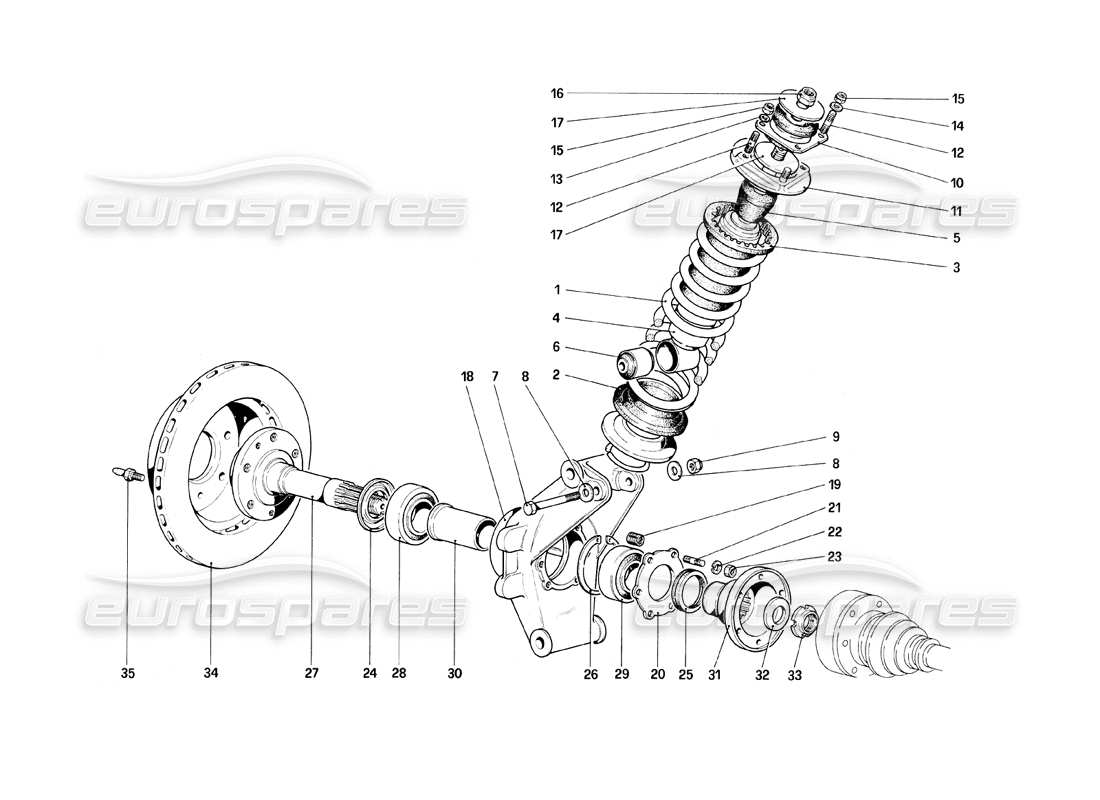 ferrari mondial 8 (1981) hinterradaufhängung - teilediagramm stoßdämpfer und bremsscheibe