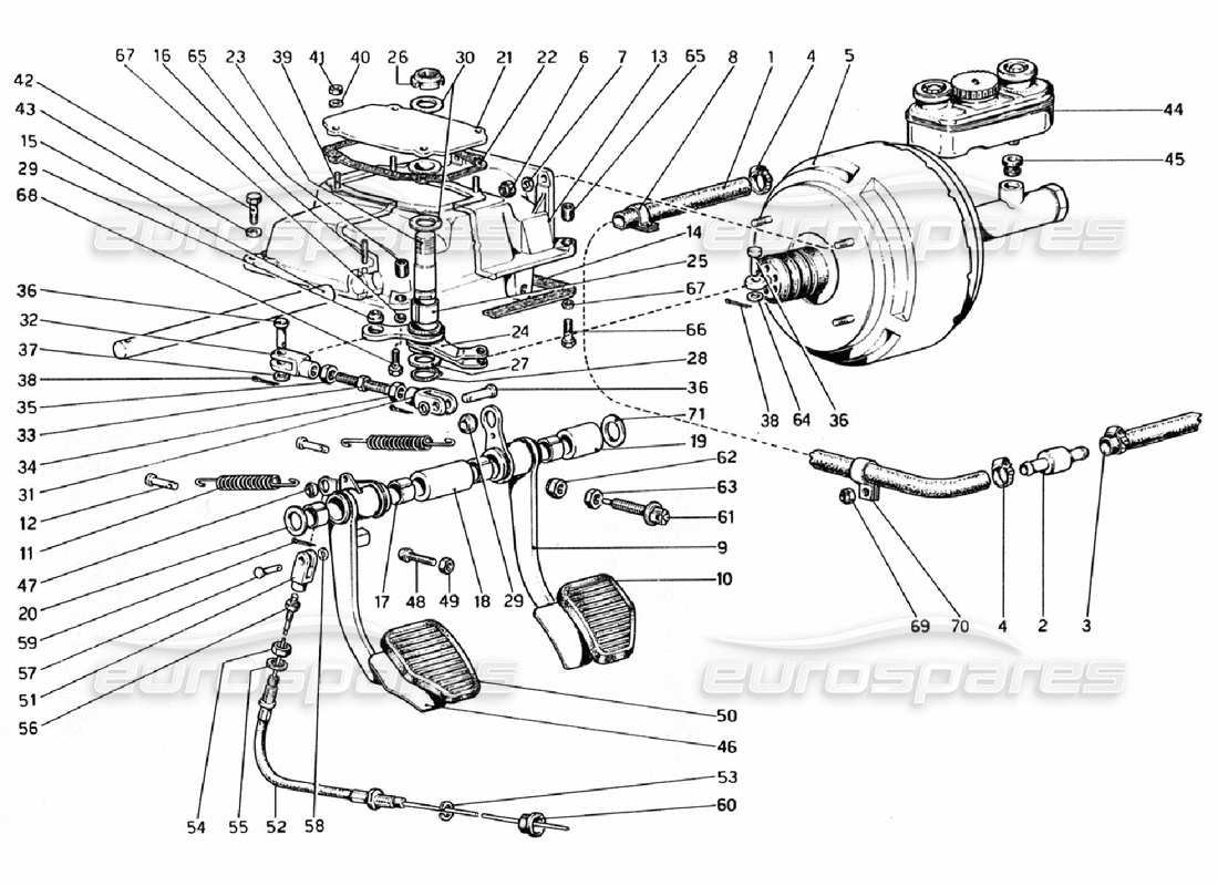 ferrari 308 gtb (1976) pedalboard - teilediagramm für brems- und kupplungssteuerung
