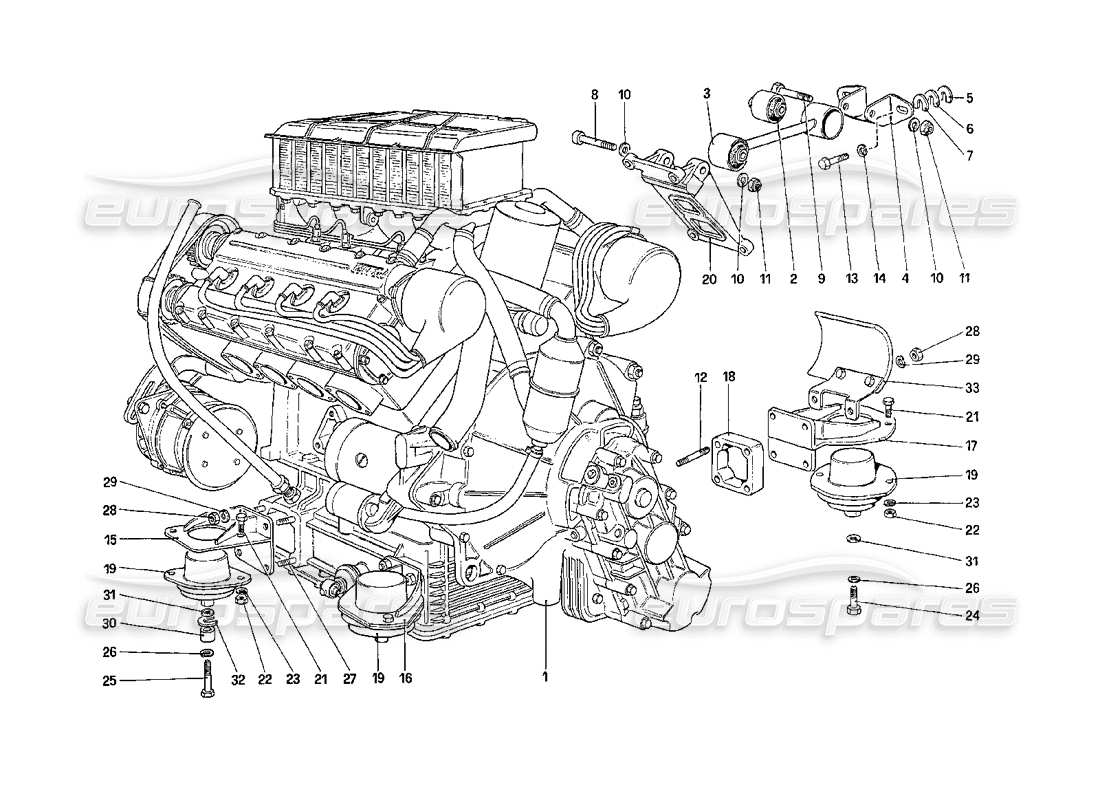 ferrari 208 turbo (1989) motor – getriebe und stützen teilediagramm