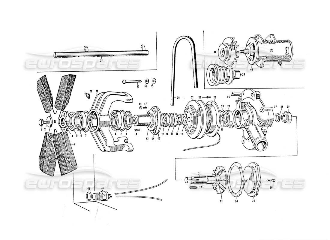maserati 3500 gt teilediagramm für wasserpumpe und lüfter
